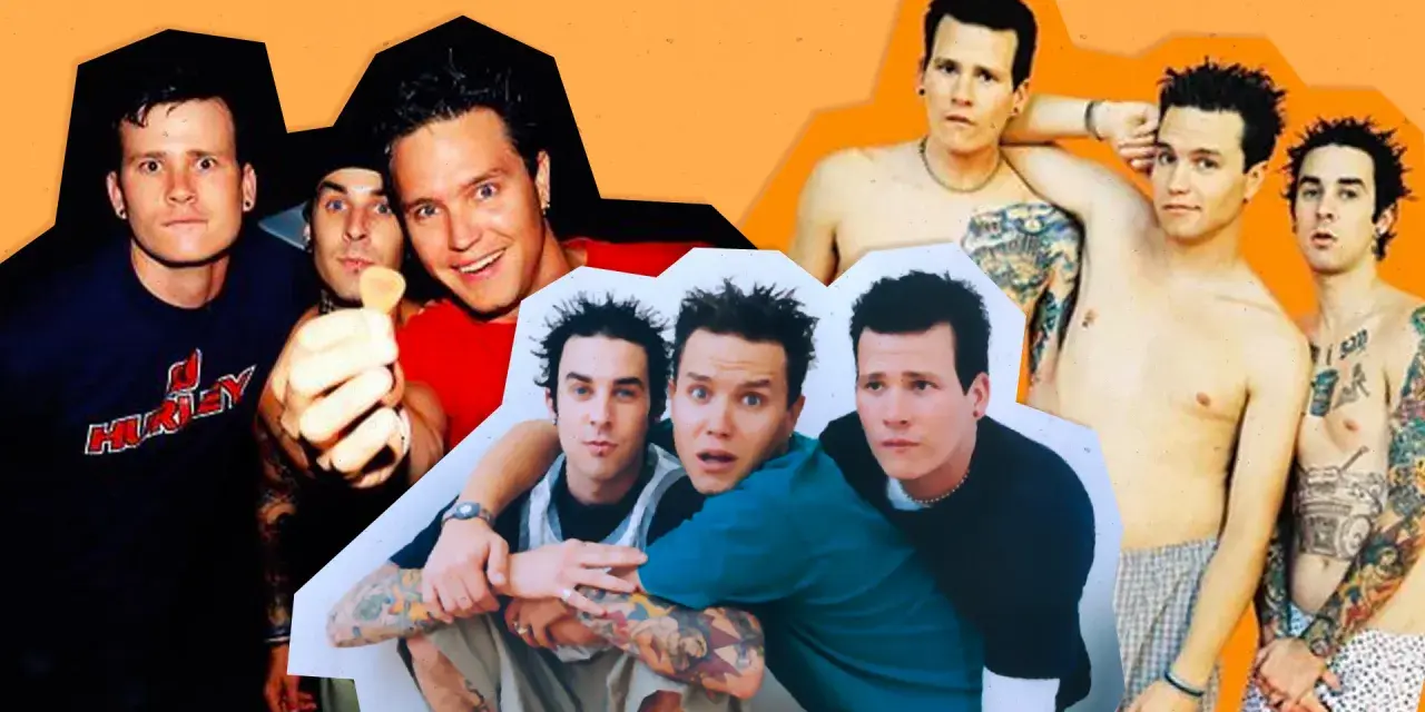 Collage de membres de Blink-182 dans différentes poses et époques, certains torse nu et tatoués.