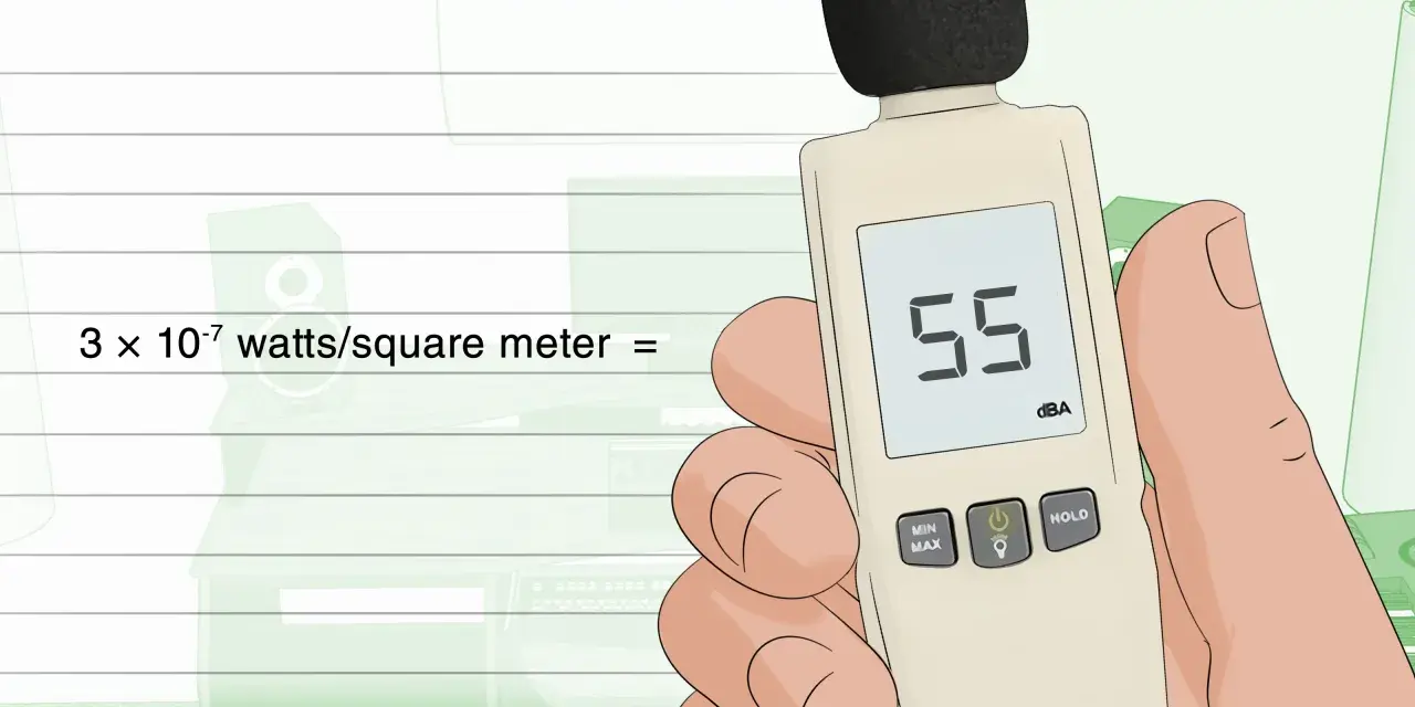 Main tenant une main un sonomètre affichant 55 dBA, prêt à effectuer une decibels mesure.