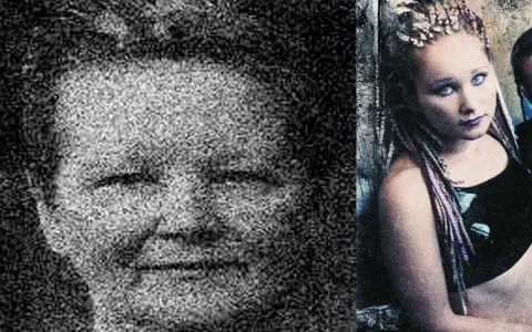 Visage granuleux d'un homme à gauche, et à droite, une jeune femme aux tresses colorées, peut-être Rayna Foss, avec un regard intense.