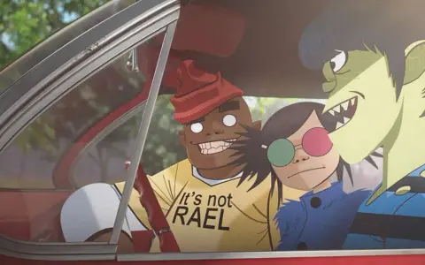 Les membres des Gorillaz dans une voiture, prêts pour une nouvelle aventure musicale. Ces personnages iconiques ont marqué plusieurs albums de Gorillaz.