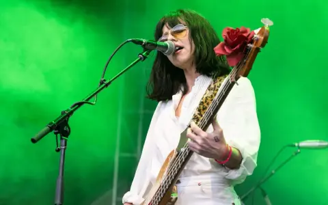 La chanteuse des Pixies, Kim Deal, joue de la basse sur scène, éclairée par une lumière verte.