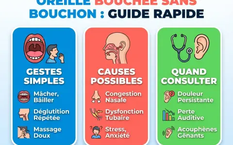 Guide rapide sur l'oreille bouchée : gestes simples, causes possibles (congestion nasale, dysfonction tubaire, stress) et quand consulter (douleur, perte auditive, acouphènes). Évitez le bouchon oreille interne.