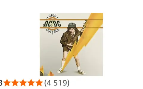 Couverture du premier album d'ACDC, "High Voltage", avec un jeune homme jouant de la guitare sous un éclair jaune.