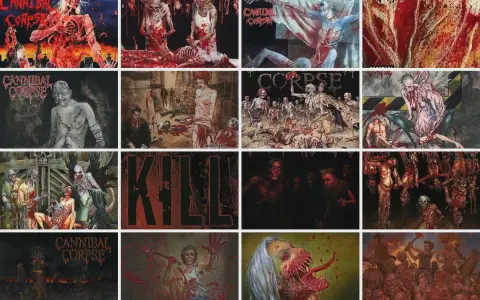 Collage d'illustrations gores de Cannibal Corpse, montrant des scènes macabres et sanglantes, des cadavres démembrés et des créatures monstrueuses.
