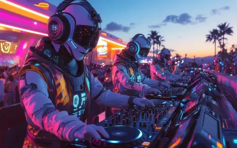 Trois DJs futuristes mixent de la musique electro sous un ciel crépusculaire, éclairés par des néons roses et bleus.