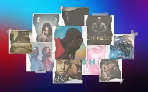 Collage d'albums de rap français, dont SCH, Kaaris, Jul. Un ancien rappeur français est représenté sur plusieurs pochettes.