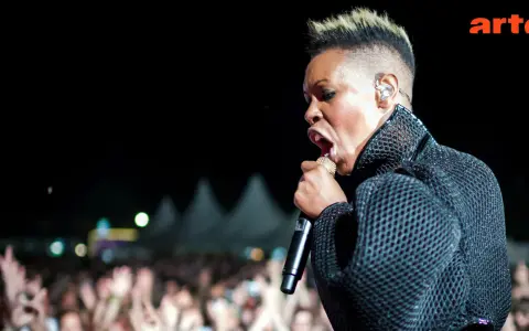 Skunk Anansie en pleine performance, micro d'or à la main, devant une foule en délire. La chanteuse captive avec son énergie.