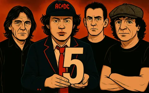 Le groupe ACDC, cinq membres en portrait stylisé. L'un porte une casquette AC/DC et une veste, tenant un grand chiffre 5.