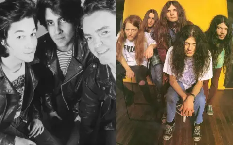 Groupe australien année 90, deux groupes de rock côte à côte, l'un en noir et blanc, l'autre en couleur.