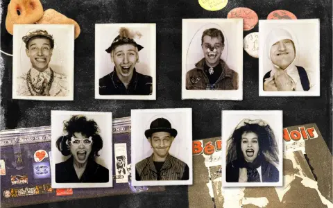 Portraits des membres de Bérurier Noir, certains grimés, sur un fond sombre avec des éléments graphiques.