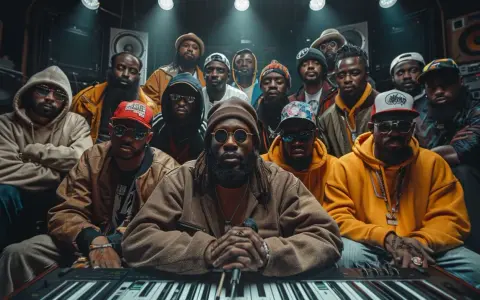 Un groupe d'hommes, représentant les différents styles de rap français, pose dans un studio d'enregistrement.