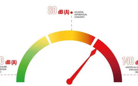 Manomètre de bruit : <80 dB(A) pour une conversation normale, 80 dB(A) pour un klaxon, et 140 dB(A) pour un avion au décollage.