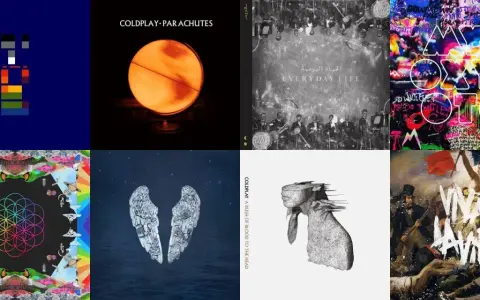 Collage des pochettes des albums de Coldplay : Parachutes, Everyday Life, Mylo Xyloto, A Rush of Blood to the Head, Ghost Stories, Music of the Spheres, Viva la Vida.