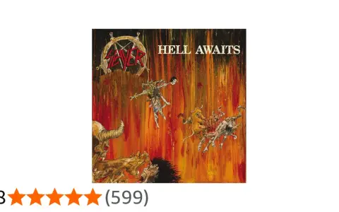 La pochette de l'album "Hell Awaits" de Slayer, une œuvre d'art démoniaque et enflammée, parfaite pour les amateurs de leurs albums.