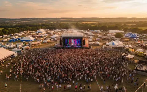 Festival de musique en plein air, une foule immense devant une scène illuminée. On imagine un chanteur blues français y donner un concert mémorable.
