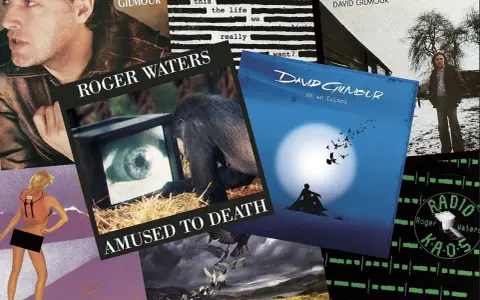 Collage d'albums de David Gilmour et Roger Waters, incluant "Amused to Death" et "On An Island".