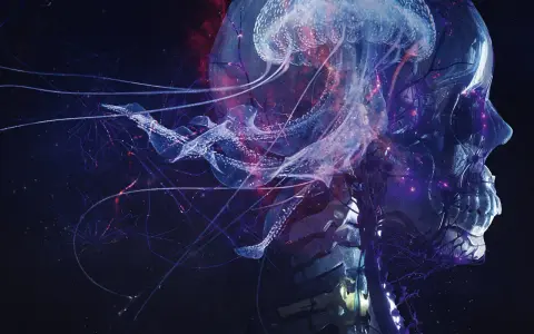 Une méduse lumineuse et des filaments bleus s'entremêlent autour d'un crâne translucide, évoquant le "blut aus nord" dans un univers cosmique.