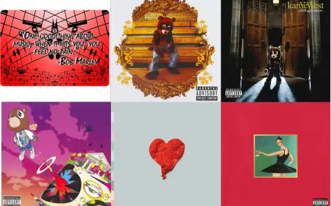 Six pochettes d'album de Kanye West, dont "Late Registration" avec un ours en peluche.