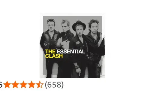 La pochette de l'album "The Essential Clash" présente les quatre membres du groupe dans un style punk emblématique.