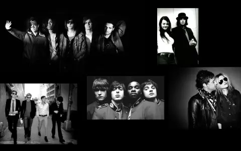 Un groupe rock français des années 2000, capturé dans des poses stylées, entre ombres et lumières.