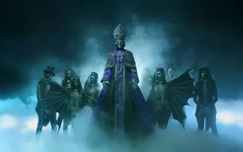 Le groupe Ghost, dans une ambiance brumeuse, entoure un personnage central en robe violette. L'album "Ghost" est évoqué par cette scène macabre.
