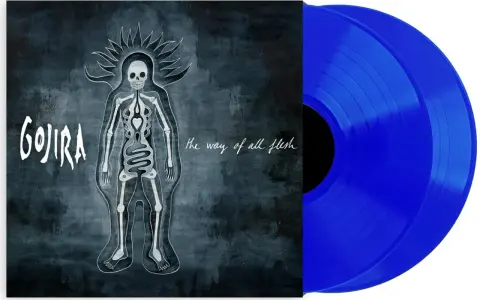 Vinyles bleus de l'album "The Way of All Flesh" de Gojira, avec une illustration d'un squelette stylisé.