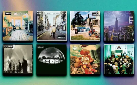 Huit pochettes d'albums emblématiques d'Oasis, dont "Definitely Maybe" et "(What's the Story) Morning Glory?", présentées sur un fond dégradé.