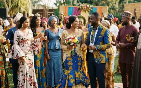 Mariage coloré avec un couple rayonnant. Les invités portent des tenues africaines vibrantes, rappelant un groupe africain connu en France.