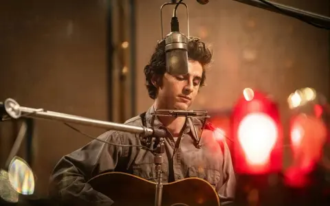 Un jeune homme à la guitare et à l'harmonica, dans un style de musique rappelant Bob Dylan, enregistre en studio.