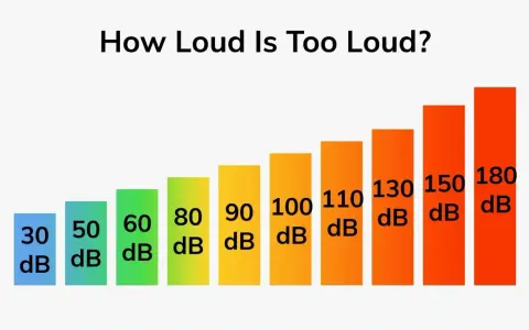 Graphique montrant les niveaux sonores, de 30 dB à 180 dB. Au-delà de 85 dB, le decibel dangereux peut causer des dommages auditifs permanents.