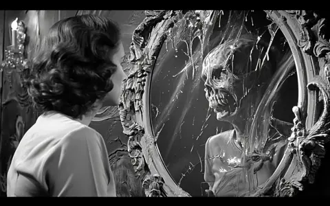 Une femme voit son reflet se transformer en un crâne décharné, une vision digne de Deathspell Omega.