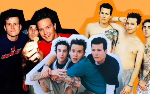Collage de membres de Blink-182 dans différentes poses et époques, certains torse nu et tatoués.