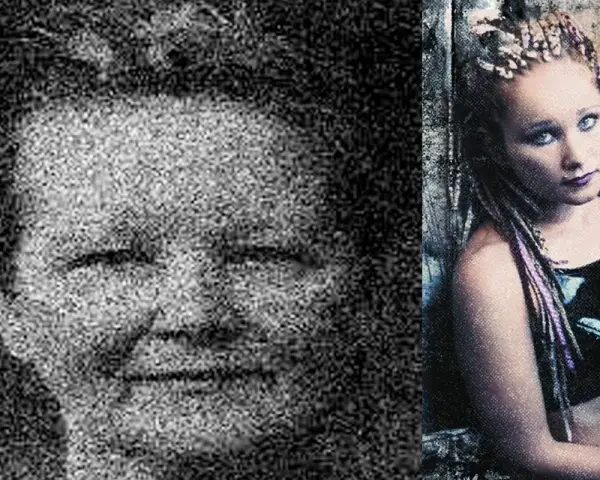 Visage granuleux d'un homme à gauche, et à droite, une jeune femme aux tresses colorées, peut-être Rayna Foss, avec un regard intense.