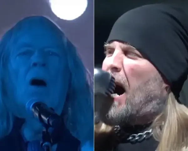 Deux chanteurs de Drowning Pool en pleine performance, l'un éclairé en bleu, l'autre avec un bonnet noir.