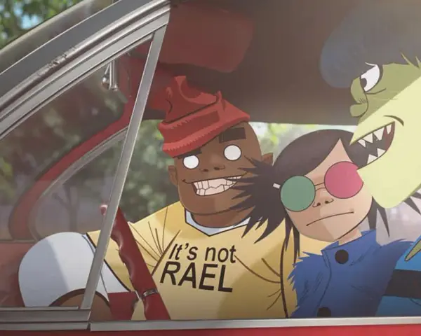 Les membres des Gorillaz dans une voiture, prêts pour une nouvelle aventure musicale. Ces personnages iconiques ont marqué plusieurs albums de Gorillaz.