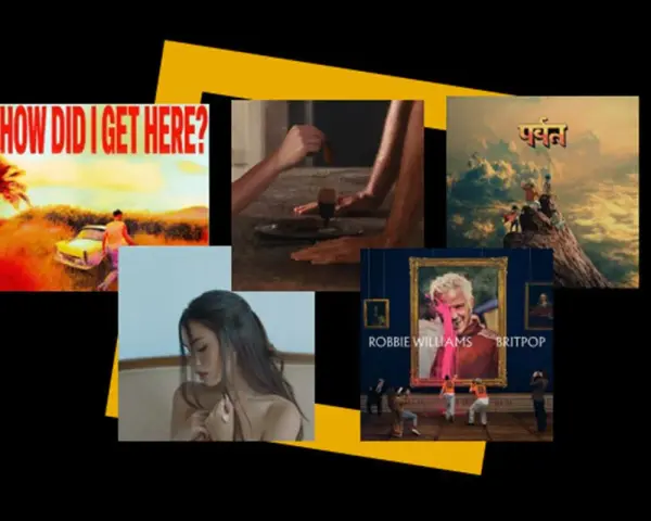 Collage d'images pour une sortie d'album : pochette "How Did I Get Here?", scène mystérieuse, album "Parvat", portrait de Robbie Williams, et une femme.