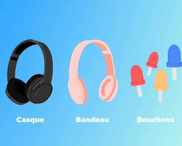 Casque noir, bandeau rose et bouchons colorés pour une isolation sonore parfaite.