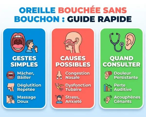 Guide rapide sur l'oreille bouchée : gestes simples, causes possibles (congestion nasale, dysfonction tubaire, stress) et quand consulter (douleur, perte auditive, acouphènes). Évitez le bouchon oreille interne.