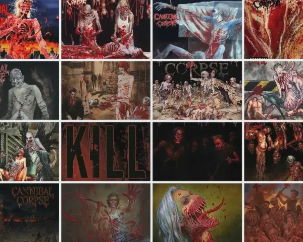 Collage d'illustrations gores de Cannibal Corpse, montrant des scènes macabres et sanglantes, des cadavres démembrés et des créatures monstrueuses.