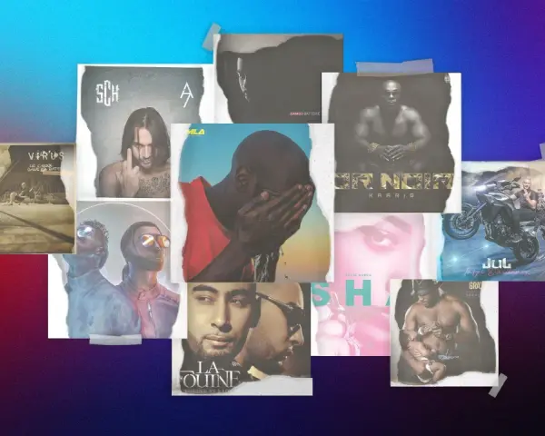 Collage d'albums de rap français, dont SCH, Kaaris, Jul. Un ancien rappeur français est représenté sur plusieurs pochettes.
