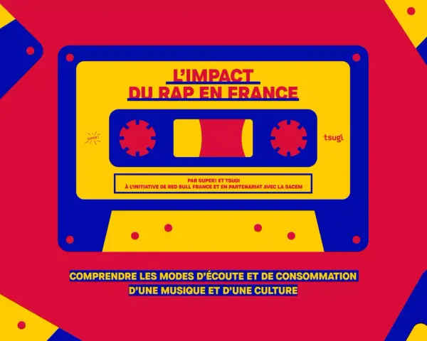 Bandeau jaune et bleu sur fond rouge, style cassette audio, avec le titre "L'IMPACT DU RAP EN FRANCE". Texte en français.