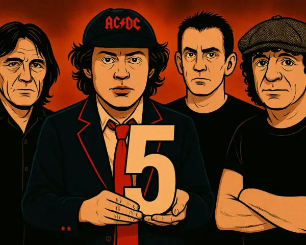 Le groupe ACDC, cinq membres en portrait stylisé. L'un porte une casquette AC/DC et une veste, tenant un grand chiffre 5.