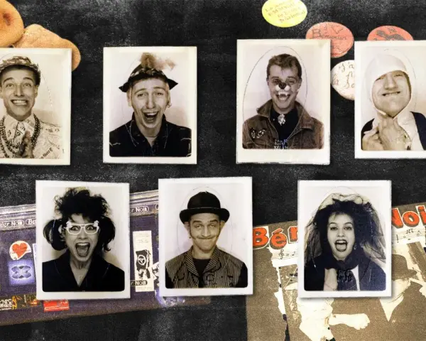 Portraits des membres de Bérurier Noir, certains grimés, sur un fond sombre avec des éléments graphiques.