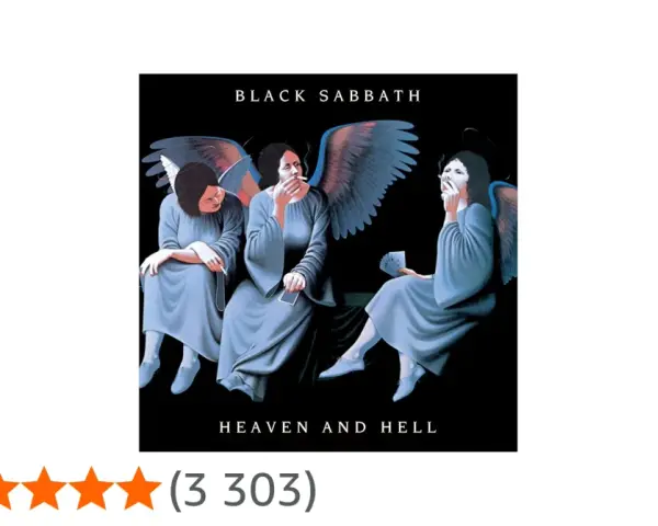 Trois anges aux ailes bleues, fumant des cigarettes, sur la pochette de l'album "Heaven and Hell" de Black Sabbath.