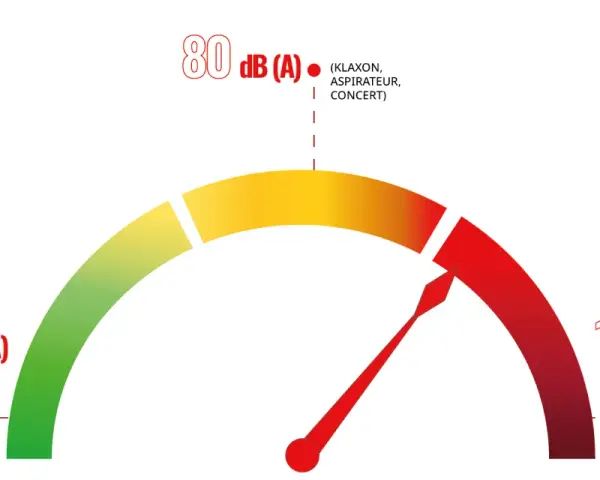 Manomètre de bruit : <80 dB(A) pour une conversation normale, 80 dB(A) pour un klaxon, et 140 dB(A) pour un avion au décollage.