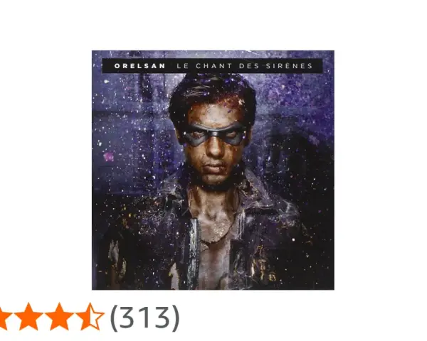 Pochette de l'album "Le Chant des Sirènes" d'Orelsan, avec le rappeur au regard intense, masqué, sous une pluie de paillettes.