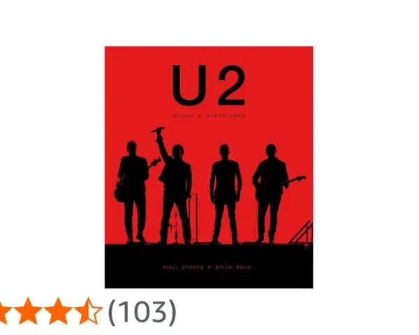 La pochette de l'album "Songs + Experience" de U2, avec le groupe en silhouette sur fond rouge.
