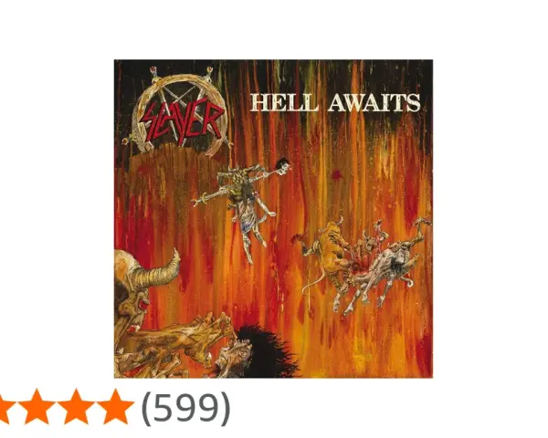 La pochette de l'album "Hell Awaits" de Slayer, une œuvre d'art démoniaque et enflammée, parfaite pour les amateurs de leurs albums.