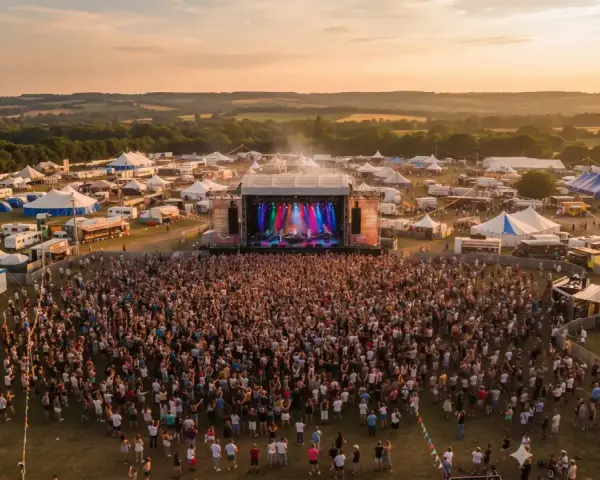 Festival de musique en plein air, une foule immense devant une scène illuminée. On imagine un chanteur blues français y donner un concert mémorable.