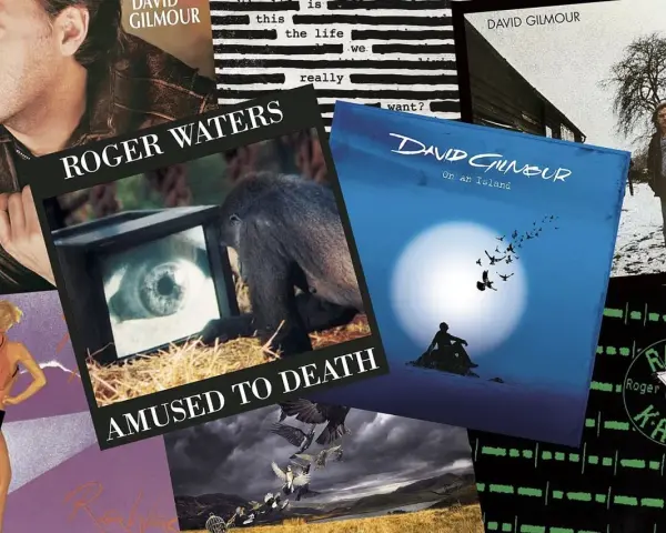 Collage d'albums de David Gilmour et Roger Waters, incluant "Amused to Death" et "On An Island".